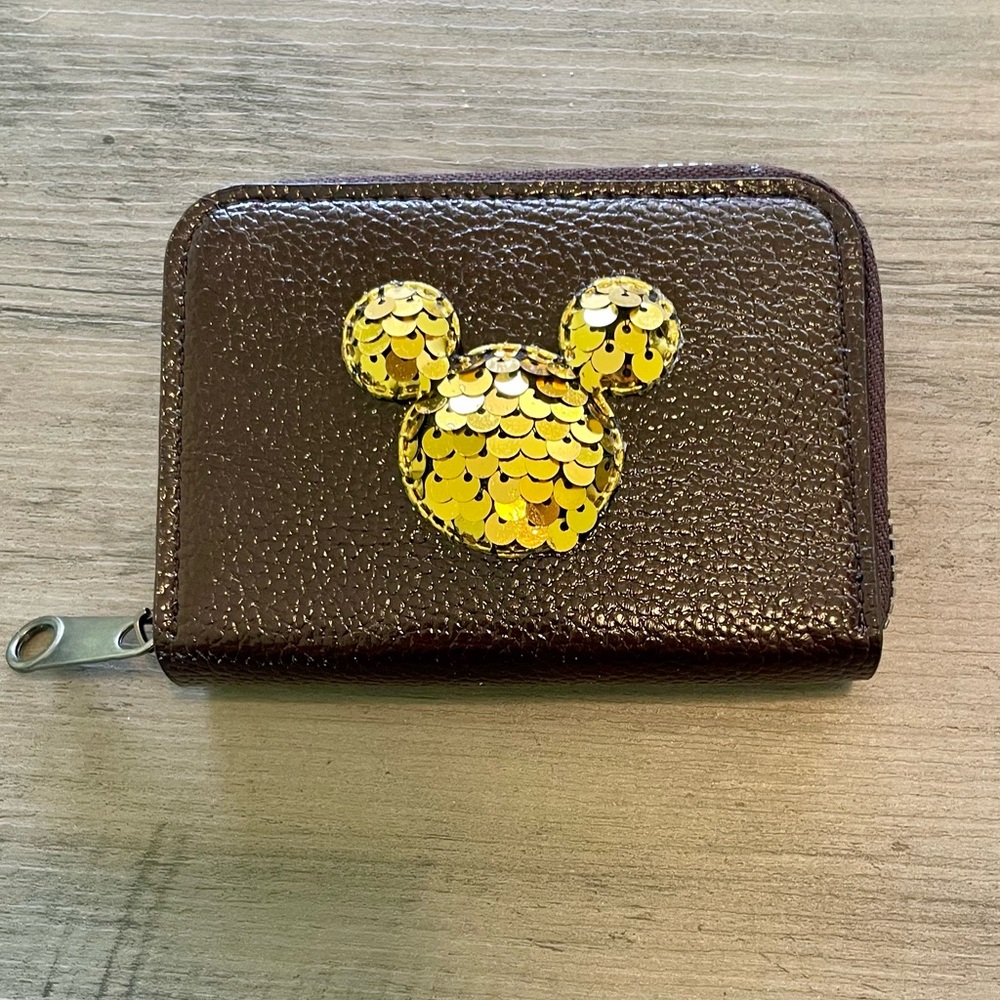 Brown Card Holder with Gold Sequin Mickey Design